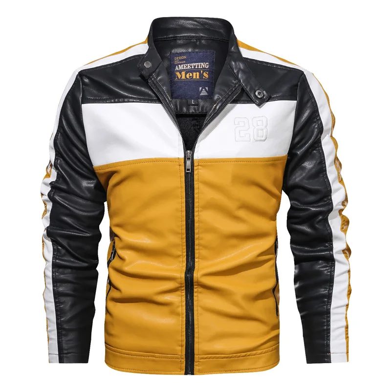 Men's Spring And Autumn Standing Collar No Cap Youth Fashion Coat Men's Slim Body Color Matching Casual Faux Leather Jacket