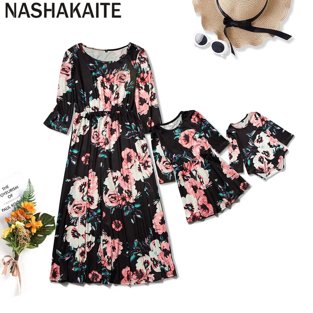 NASHAKAITE/одежда Мама и я черное платье с цветочным принтом короткими рукавами для