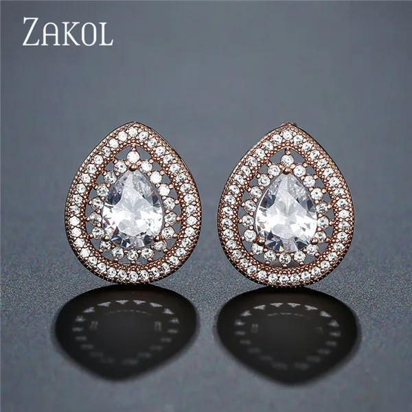 Rose Gold Color 16 Серьги-гвоздики с каплевидными кристаллами циркония ZAKOL, серьги для женщин, модные свадебные украшения, букле d'oreille FSEP2216 - Окраска металла: Rose Gold Color 16