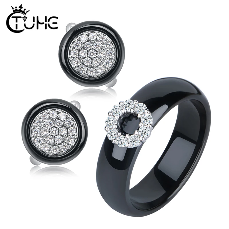 Bling CZ Кристалл Круг геометрический для женщин Ювелирные наборы для женщин никогда не выцветает здоровые керамические серьги кольца на палец обручение подарок
