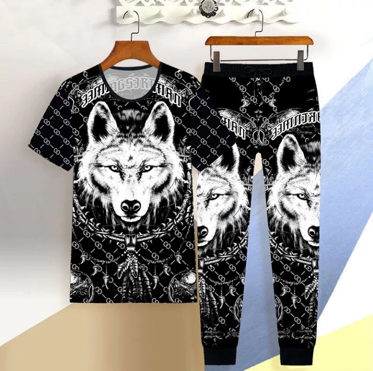 

Summer Men's Print Sweatsuit 2 Piece Set Male 3D Dragon Short-Sleeved Casual Slim T-shirt Trousers Tiger Print Tracksuit Clothes