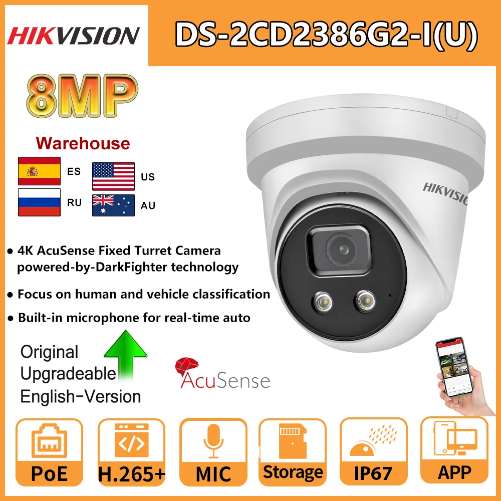 

Hikvision 4K AcuSense Turret PoE 8MP IP Camera DS-2CD2386G2-IU Human Vehicle Classification Built-In Mic SD Card Slot H265+ IP67