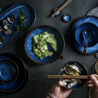ceramic deep blue rice noodle bowl cup sauce dish dinner set tableware