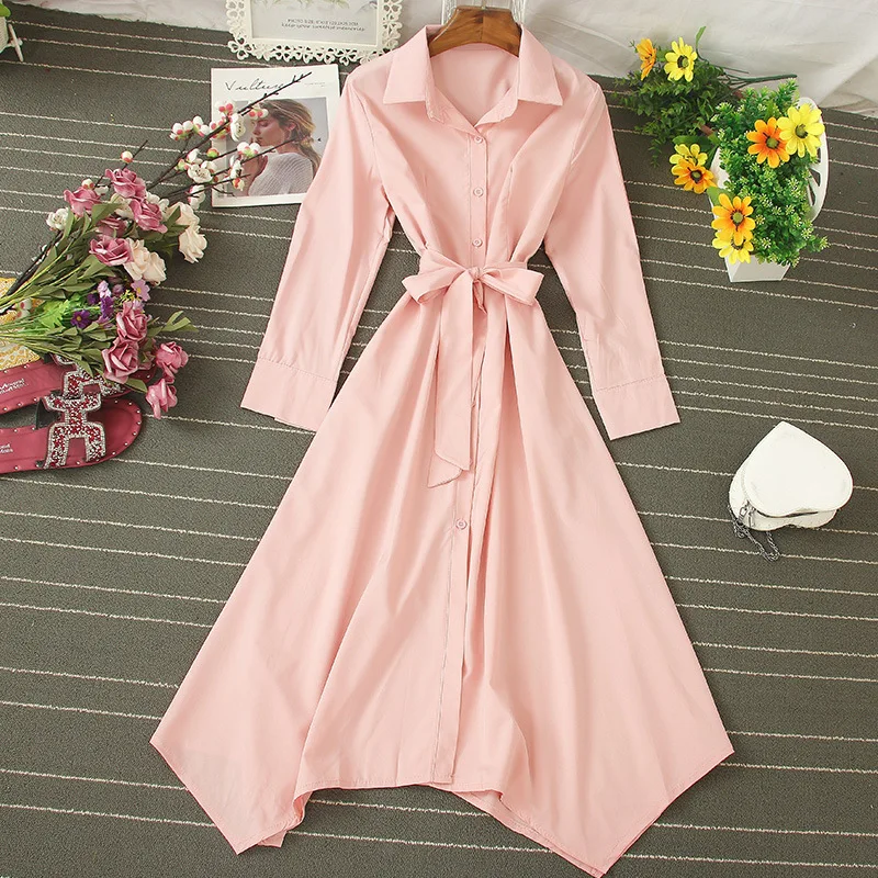 

Female 2021 New Spring Summer Solid Bandage Dress Turn Down Collar High Waist Long Sleeve Casual Ladies Temperament Dress
