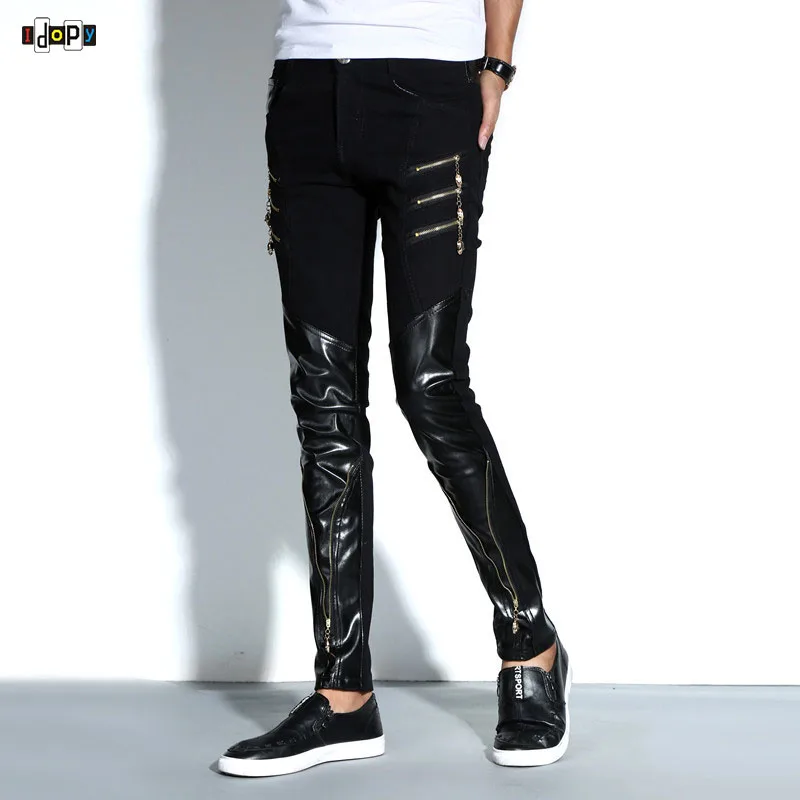 Idopy New Arrival Spring Fashion Mens Punk Skinny Pants For Man Cool Cotton Casual Pants Zipper Slim Fit Black Goth Trousers images - 6