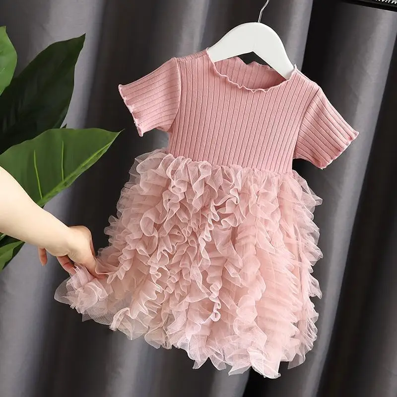 

2021 Summer New Children's Dress Girl Baby Dress Princess Yarn Dress Foreign Style Puffy Splicing Cake Skirt Summer Dress