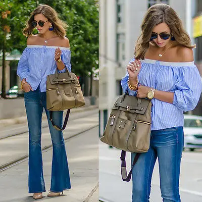 

Women's new blue and white stripe one shoulder leaky shoulder sexy shirt