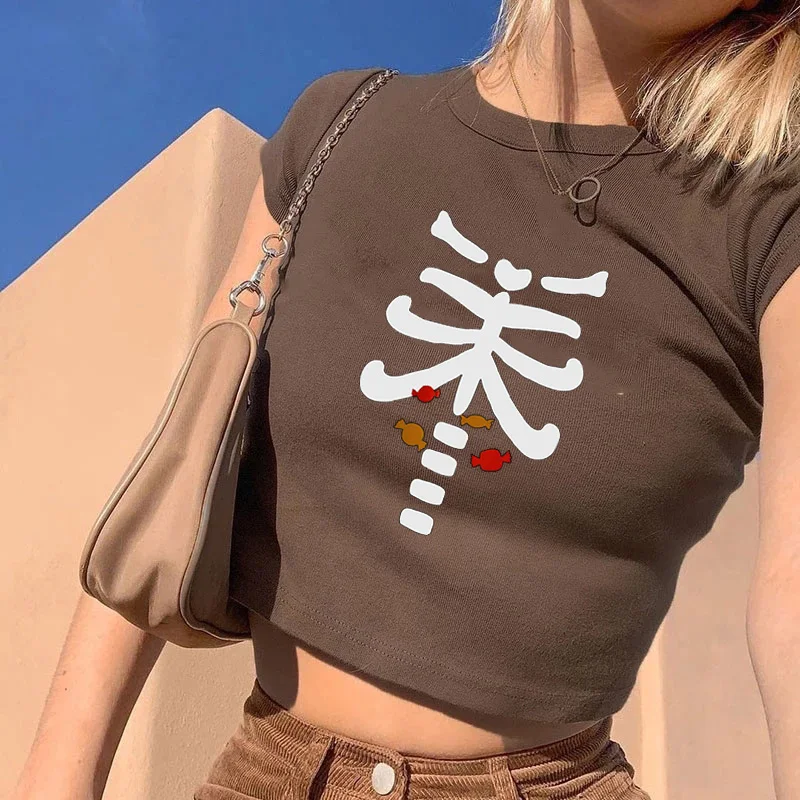 

Goth Skeleton Graphic T Shirt Women Y2k Crop Top O-neck Tshirt Brown grunge Streetwear Short Sleeve T-shirt harajuku Cropped