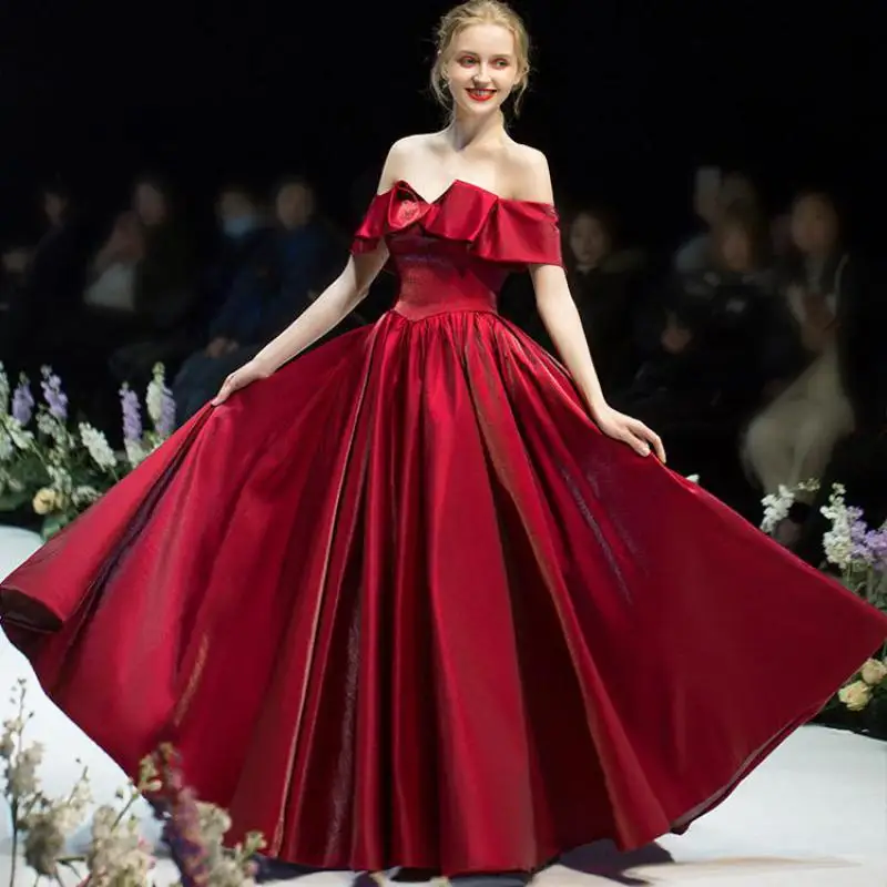 

Атласное платье с открытыми плечами, для свадьбы, выпускного вечера, трапециевидного силуэта