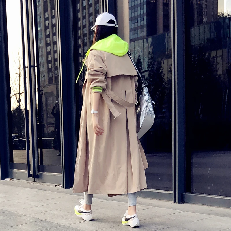 Тренч с капюшоном Женский Длинная ветровка в Корейском стиле уличная одежда