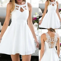 sexy women sleeveless hollow out back lace stitching knee length halter dress