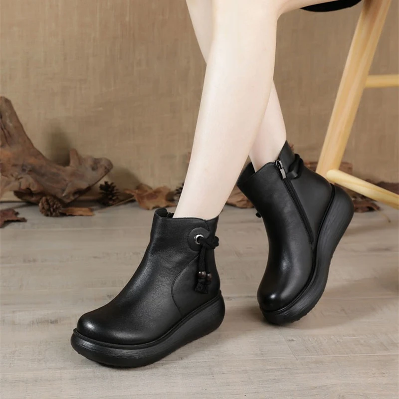 

CEYANEAONew Women Boots 2020 Autumn Winter 100% Genuine Leather Wedges Heel Warm Ankle Boots Ladies Round Toe Platform Boots