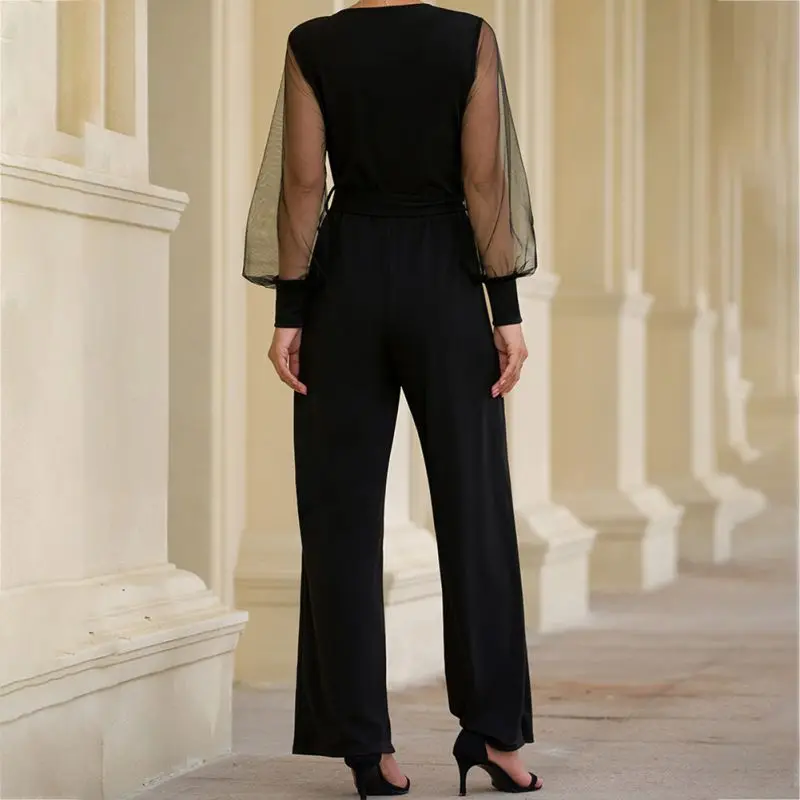 

Summer Jumpsuit Women V-neck Solid Color Mesh Long Latern Sleeve Office Lady Jumpsuit Lace-up Black Bodysuit