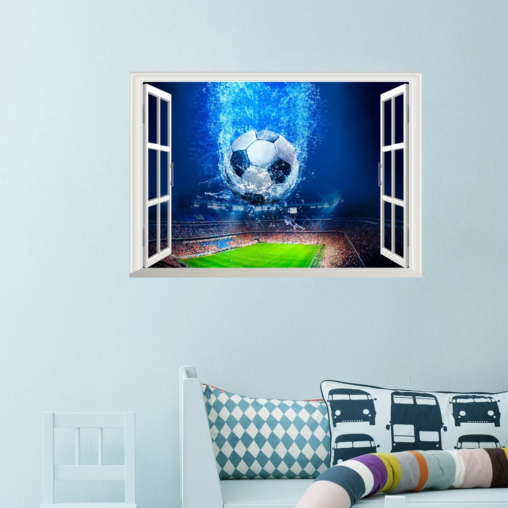 3d window blue football through wall stickers children