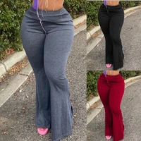 2022 autumn and winter fashion womens new elastic band sexy solid color split casual wide leg pants vintage streetwear