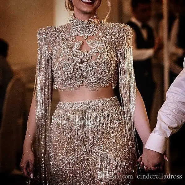 Hot Luxury Beaded Crystals Mermaid Prom Dresses Sexy Arabic Gold Sequined Two Pieces Prom Party Gowns Vestido De Festa