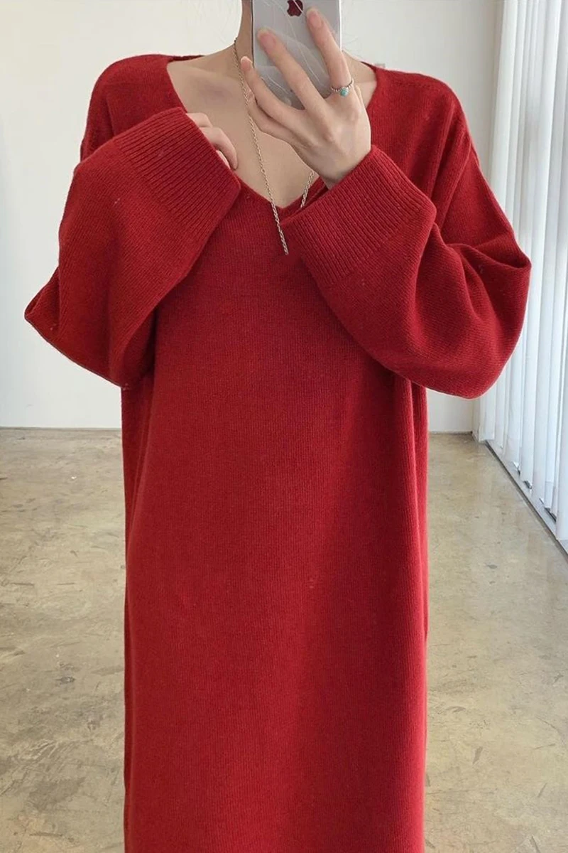 

ZCSMLL Korea Chic Autumn Women Knitted Dresses Big Size V Neck Leaking Collarbone Loose Wild Casual Split Knit Sweater Dress
