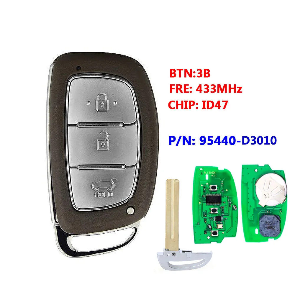 

XNRKEY 2018 Smart Key Remote 3 Button With ID47 Chip 433MHz 95440-D3010 For Hyundai Tucson