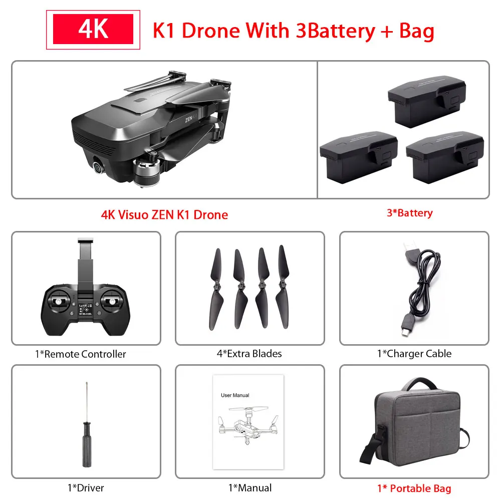 K1 3B Portable Bag Visuo ZEN K1 gps Радиоуправляемый Дрон с 4K HD двойной камерой управление жестами 5G Wifi FPV Бесщеточный двигатель полёт 28 минут Дрон VS F11 B4W SG906 - Color: K1 3B Portable Bag