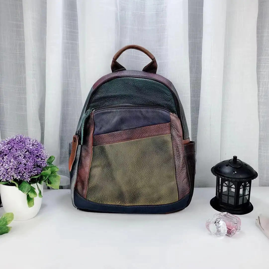 

2021 New High Quality Women Backpack Genuine Leather Retro Color Stitching Bag Leisure Soft Cowhide Vintage Bagpack