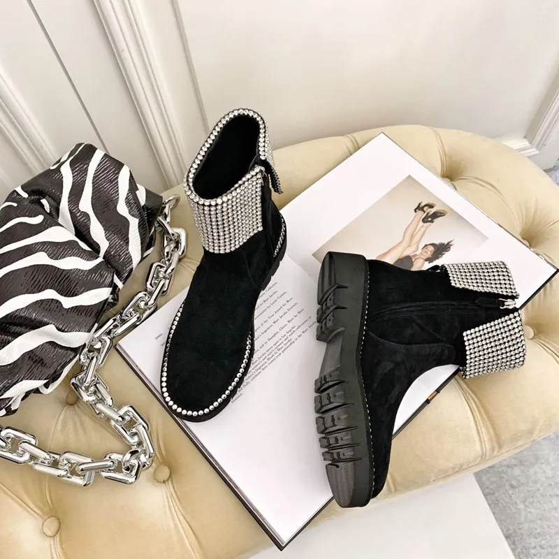 

Crystal Rhinestone Woman Ankle Boots Genuine Leather Black Solid Color Round Toe Ladies Shoes Luxury Designer Zapatos de Mujer