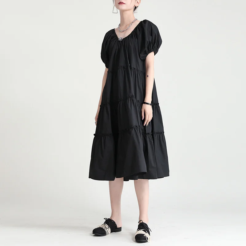 

2021 Summer New Lantern Sleeve Loose Slash Neck Short Sleeve Dress Swing Medium Length Dress A Word Girls Dresses Women