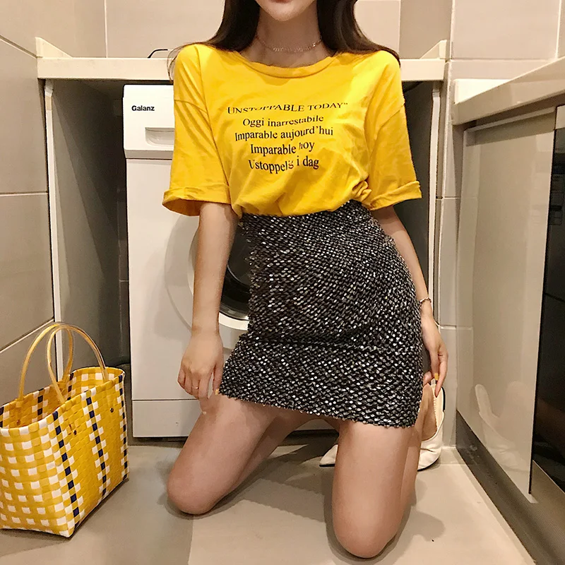 Женская мини юбка расшитая блестками с высокой талией для клубной вечеринки на