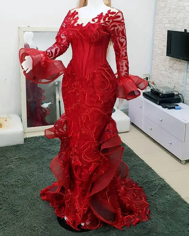 

Женское платье-Русалка для выпускного вечера, красное платье большого размера с бисером и арабским кружевом, 2021