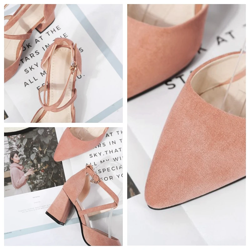 

REAVE CAT New 2021 Women Pumps Pointed Toe 7cm High Block Heels Flock Buckle Elegent Classic Simple Big Size 31-43 Casual A3621
