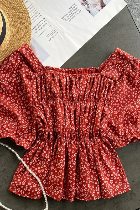 

Korean vintage print loral puff sleeve tops Shirt for womens women's new elastic slim ruffles swing shirt tops for women fashion