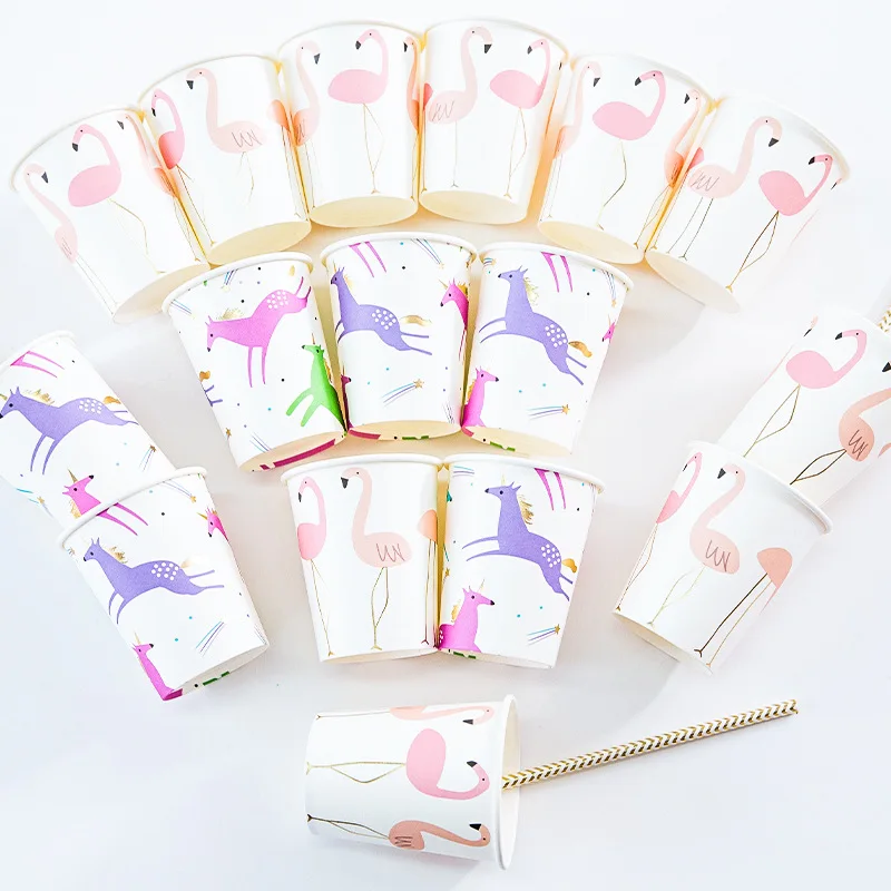 8pcs Party Disposable Paper Cups Juice Cup Cartoon Flamingo DIY Decor Baby Shower Kids Birthday Wedding Picnic Tableware Supply