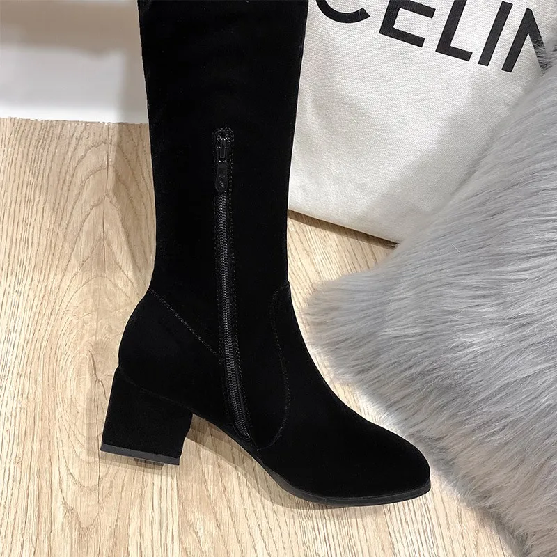 

Winter boots women knee high long boots 2020 round toe suede high heels over the knee thigh boots black shoes big size 41 42 43