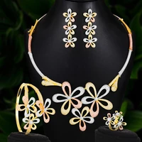 brand 4pcs new luxury tricolor flowers jewelry set african for women wedding african cubic zirconia dubai bridal jewellery set