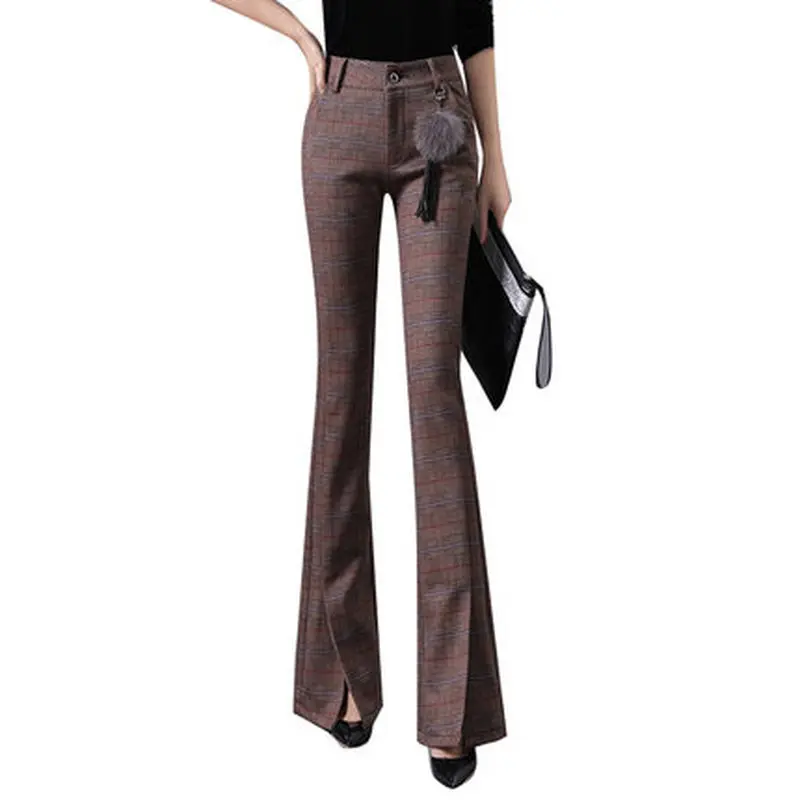 Брюки женские осенне-зимние 2019 шерстяные в клетку Уайлд высокая талия | Женская