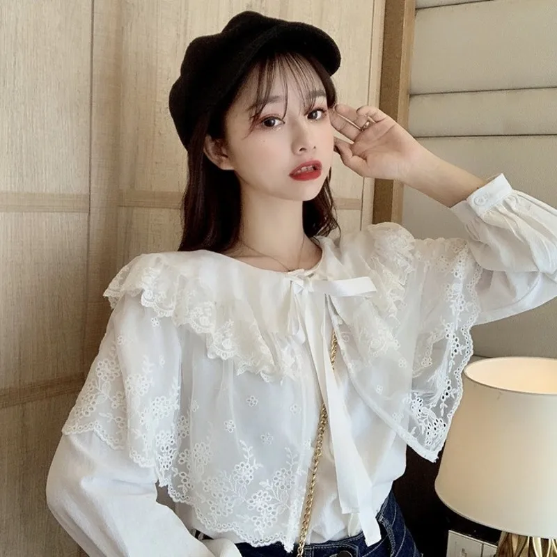 Korean Fashion Elegant Blouse Womens Clothing Peter Pan Collar Floral Ladies Lace Tops Bandage Long Sleeve White Shirts Purple