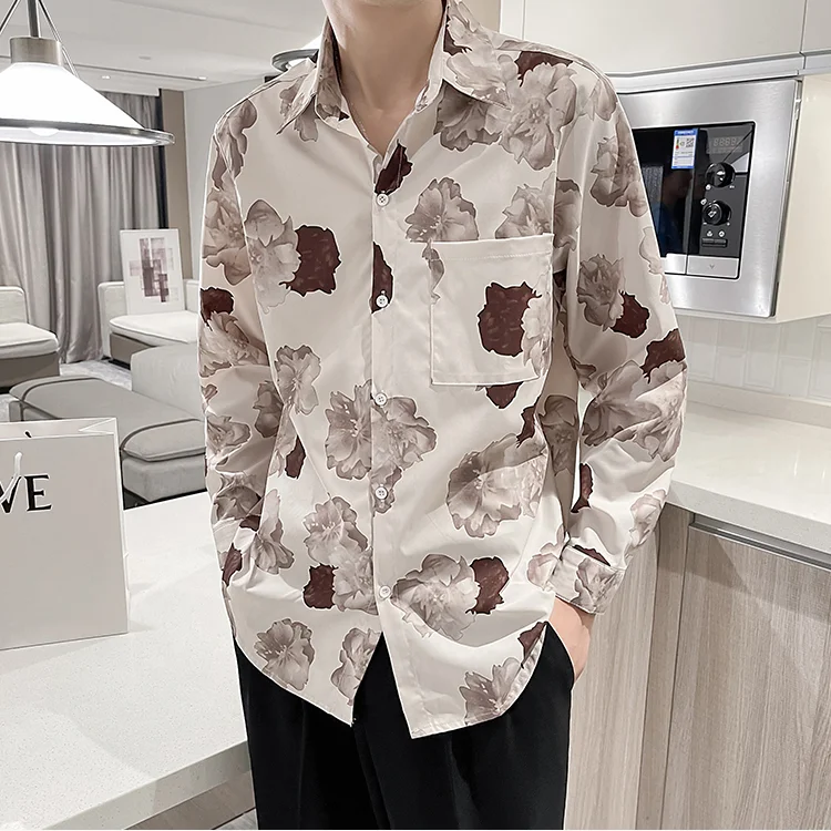 2021 Flower Printed Men's Shirt Autumn Long Sleeve Loose Street Casual Shirt Social Party Male Clothing Nightclub Chemise Homme
