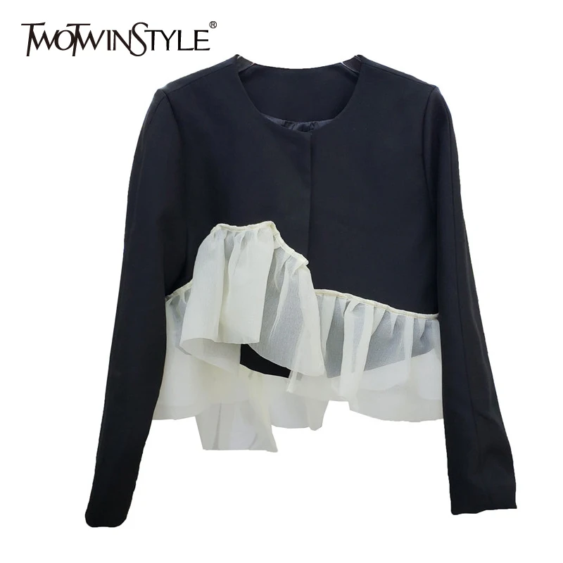 

Женская куртка TWOTWINSTYLE, винтажная Свободная куртка из органзы с круглым вырезом и длинным рукавом, короткая куртка в Корейском стиле с цветн...