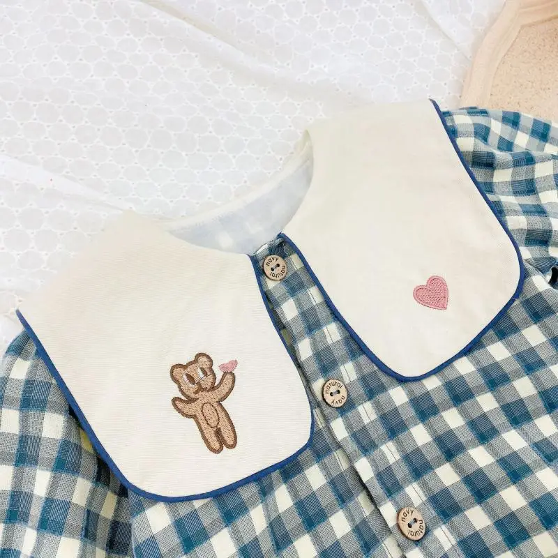 

Baby Princess Romper Little Girl Birthday Party Outfits Infant Korean Plaid Rompers with Hairbands Children Embroidery Bodysuit