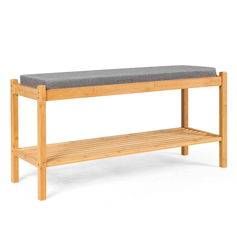 

Sturdy Natural Bamboo Material Upholstered Shoe Rack Bench Seat Ample Storage Space Thick Sponge Seat Living Room Chair