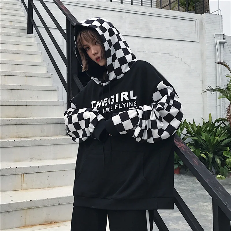 

Korean Harajuku BF hip-hop street loose cotton Unisex tops plaid stitching print chic pocket oversize women hooded sweatshirt