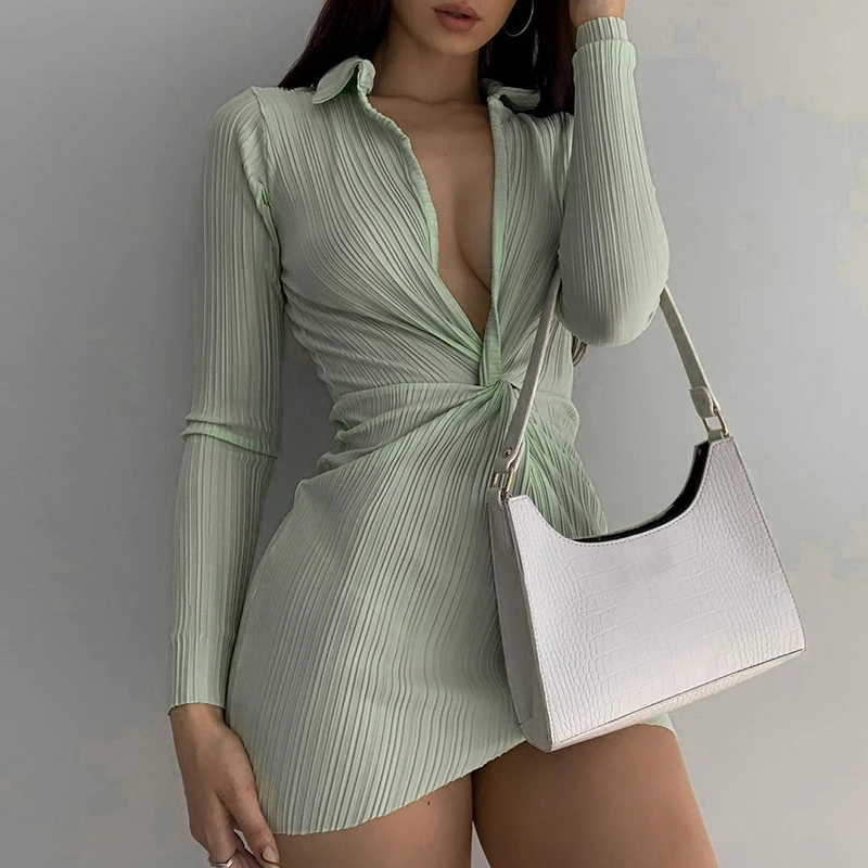 

Пикантное женское вечернее вечерние с глубоким V-образным вырезом, женское Плиссированное мини-платье с длинным рукавом и рюшами, облегающе...