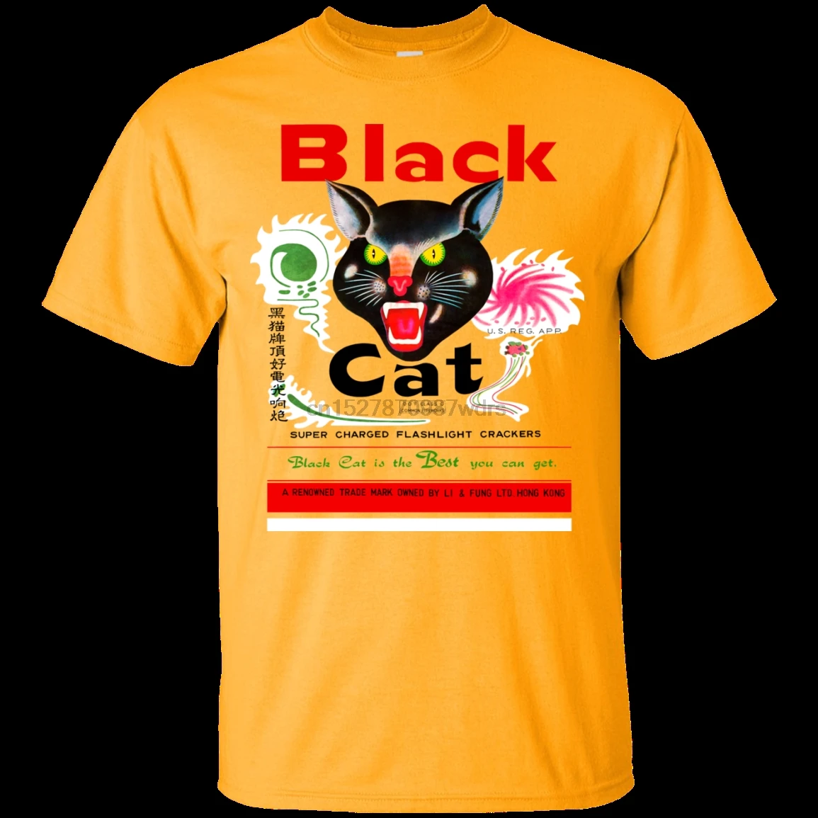 Черная кошка Ретро логотип 4 июля Fire works китайская этикетка Футболка|Мужские