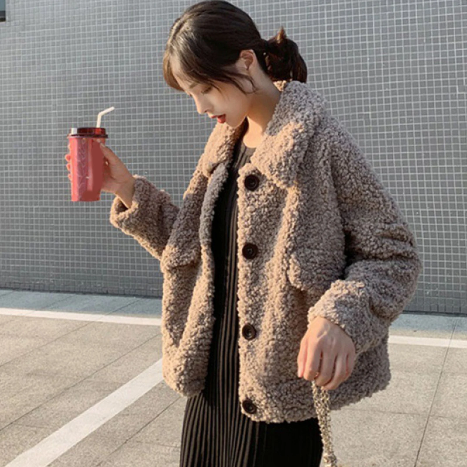 

2020 Women Autumn Winter Buttons Faux Fleece Long Sleeve Coat Jacket Warm Outerwear Women's Clothing femme veste
