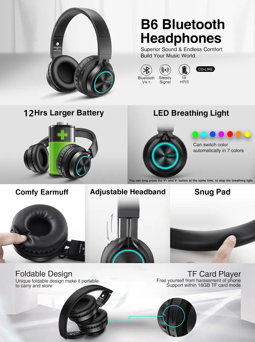 B6 серые золотые беспроводные наушники Bluetooth Hi-Fi стерео наушники Складная гарнитура светодиодный светильник наушники с микрофоном для мобильного телефона тв