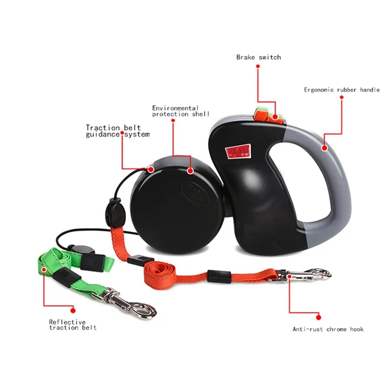 

Creative And Safe Pet Double-headed Traction Rope Automatic Telescopic Traction Rope Pair Two Dog Rope Pet Supplies