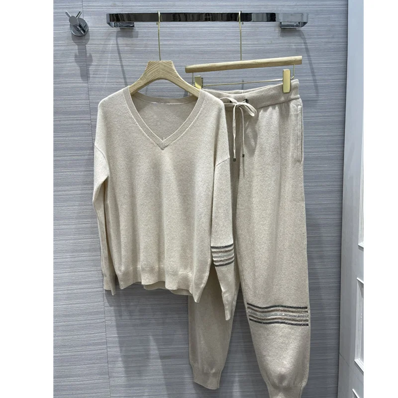 

Женский мягкий кашемировый трикотажный пуловер с V-образным вырезом, свитеры и длинные брюки, модная одежда на осень 100%