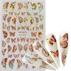 Лазерные 3D наклейки для дизайна ногтей в виде листьев бабочки, самоклеющиеся слайдеры, цветные синие цветы, переводные наклейки для ногтей, обертывания, украшения