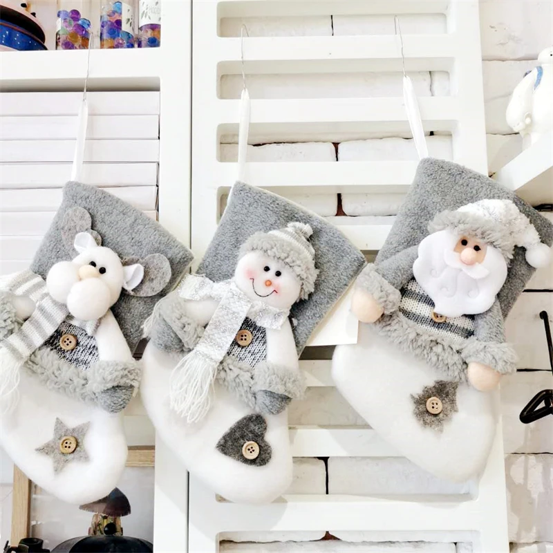 

Christmas Stocking Large Xmas Gift Bags Fireplace Decoration Socks New Year Candy Holder Decor for Home Elk Snowman Santa Claus