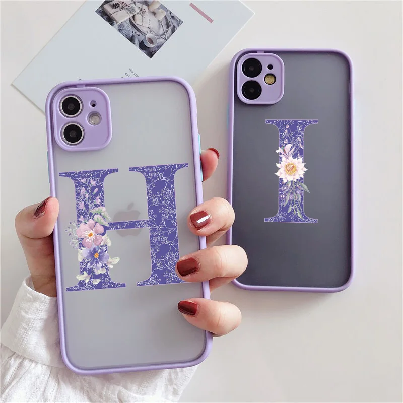 Initial Letter Phone Case For iPhone 13 12 mini 11 Pro X XR XS Max 6s 7 8 Plus Retro Purple Flower Hard Shockproof Back Cover