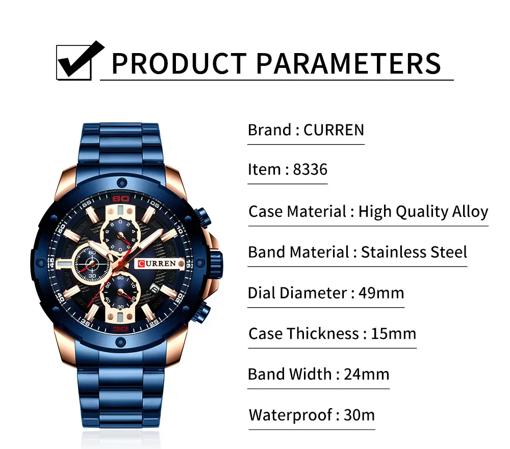 CURREN Роскошные брендовые деловые часы водонепроницаемые мужские с календарем